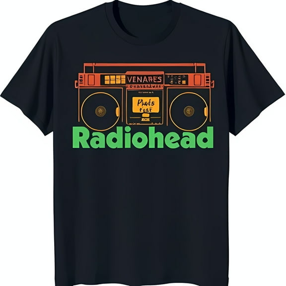 Retro Boombox Graphic Black T-Shirt with Bold Green Print