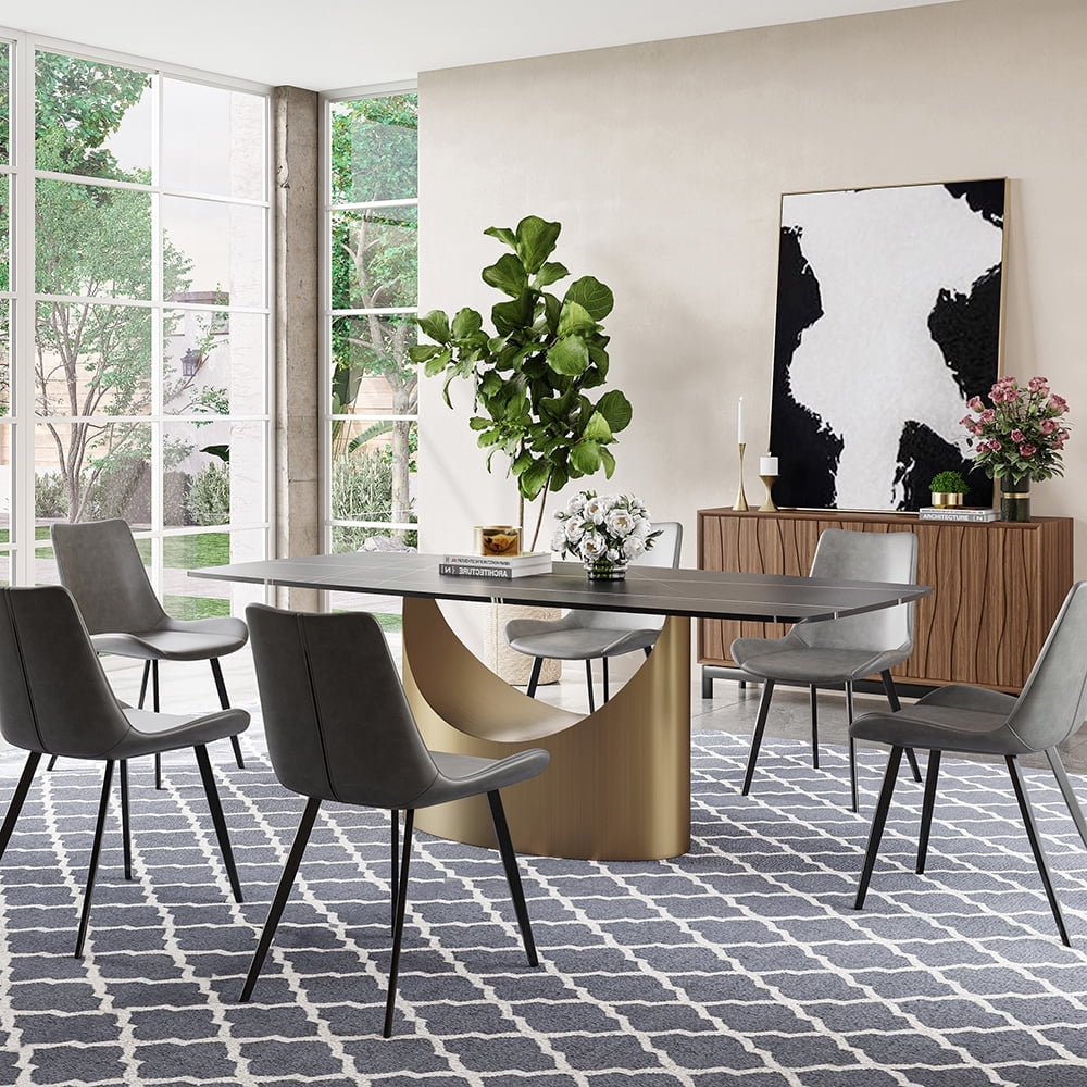 POVISON 71"Hobart Modern Minimalist Dining Table For 4-6, Black Rectangular Matte Sintered Stone Tabletop, Bronze Carbon Steel Leg