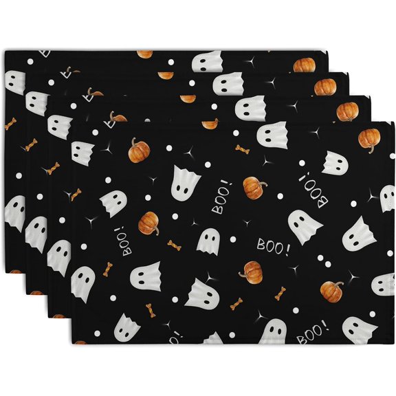Halloween Pumpkin Spooky Ghost Candy Boo Placemats Set of 4, 12x18 Inch Seasonal Black Funny Holiday Linen Place Mats for Tables Halloween Table Mat for Dining Kitchen Farmhouse Decor