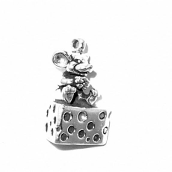 Sterling Silver 30" .8mm Box Chain 3D Mouse Sitting On Block Of Cheese Eating It Pendant Necklace