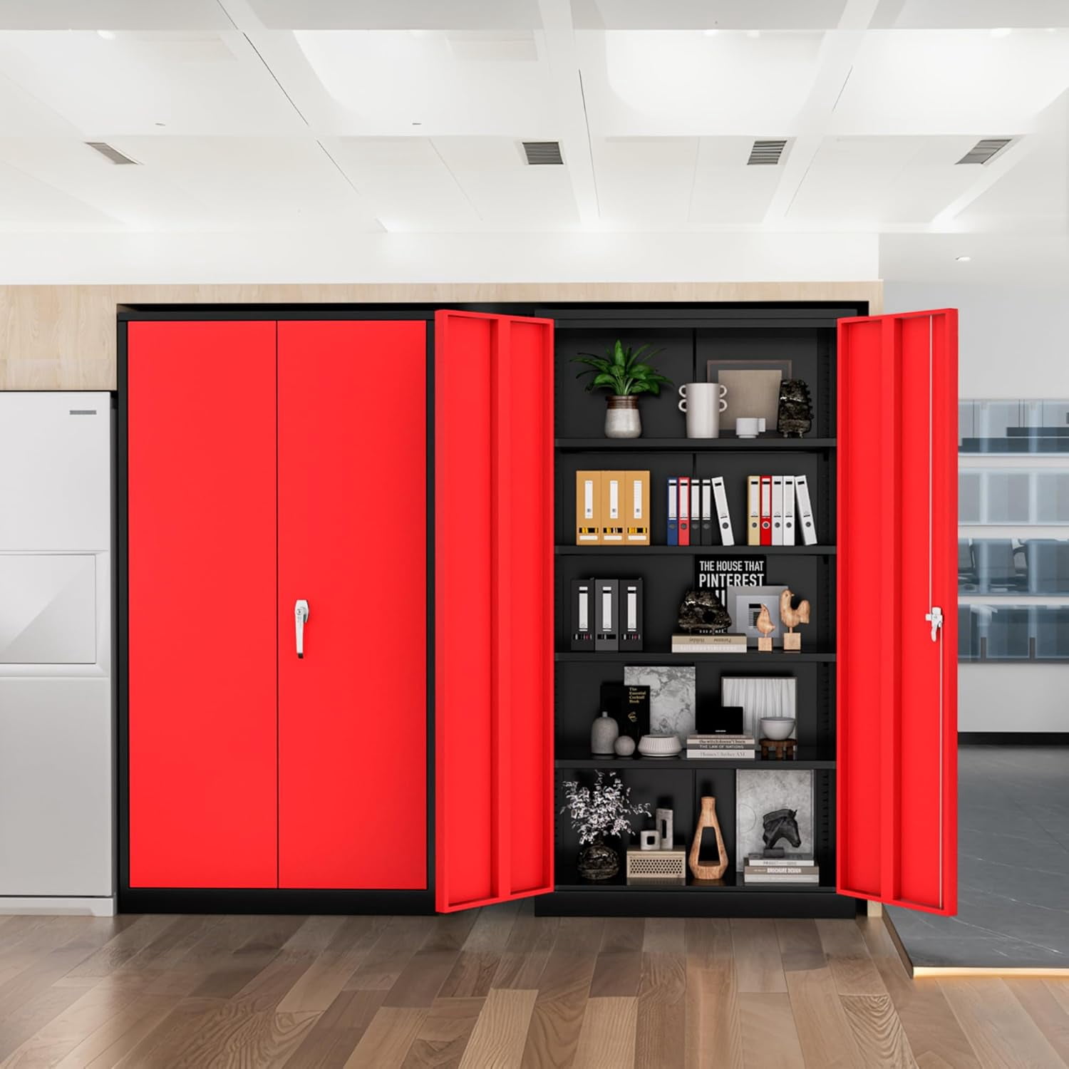 SOLAURA 72" Metal Garage Storage Cabinet with Locking Doors and Adjustable Shelves for Home, Office(Black Red )