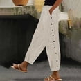 thumbnail image 2 of Women's Pants Fashion Casual Pants For Women Cotton And Linen Striped Elastic Waistband High Waistband Pocket Side Buttons Nine Point Loose Casual Straight Leg, 2 of 5