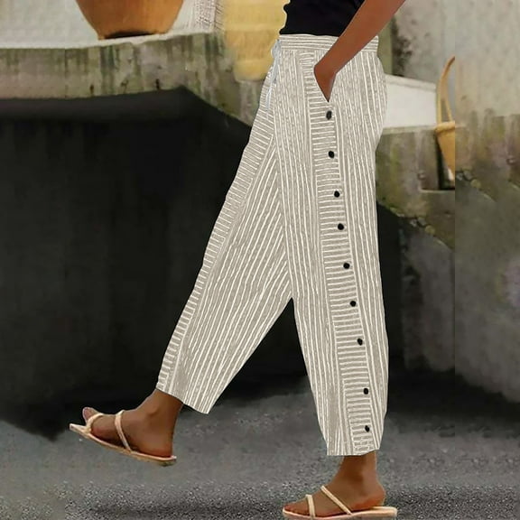 Women's Casual Pants Women'S Cotton And Linen Striped Elastic Waistband High Waistband Pocket Pants Side Buttons Nine Point Pants Loose Casual Pants Straight Leg Pants,Yellow Women's Casual Pants XXXL