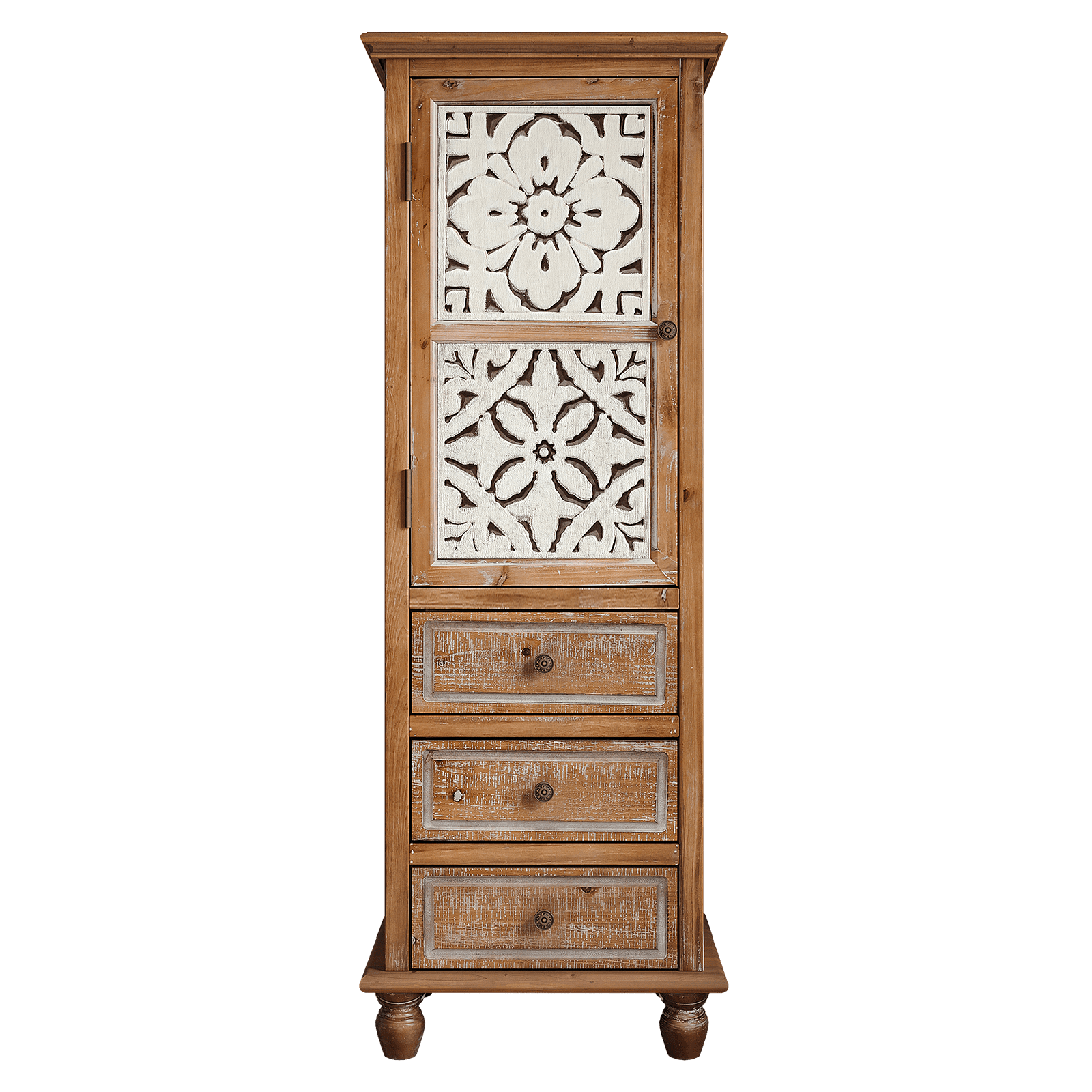 Garitin Storage Cabinet and Tall Narrow Organizer 53.74 Inch, Wooden Hall Tree with Decorative Cutout Door and 3 Drawers for Living Room Bedroom, Natural