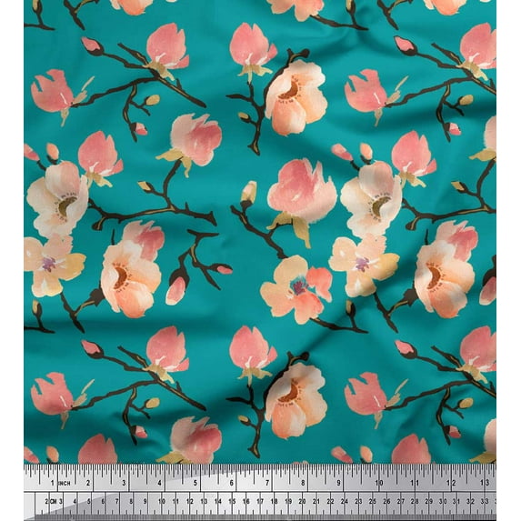 Soimoi Green Cotton Duck Fabric Peach Flower Watercolor Print Sewing Fabric Yard 58 Inch Wide