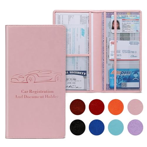 Car Registration and Insurance Card Holder for Women Men, Pink Glove Box Paperwork Organizer with Magnetic Buckle for Easy Access and Protect Documents and Various Cards in Vehicle
