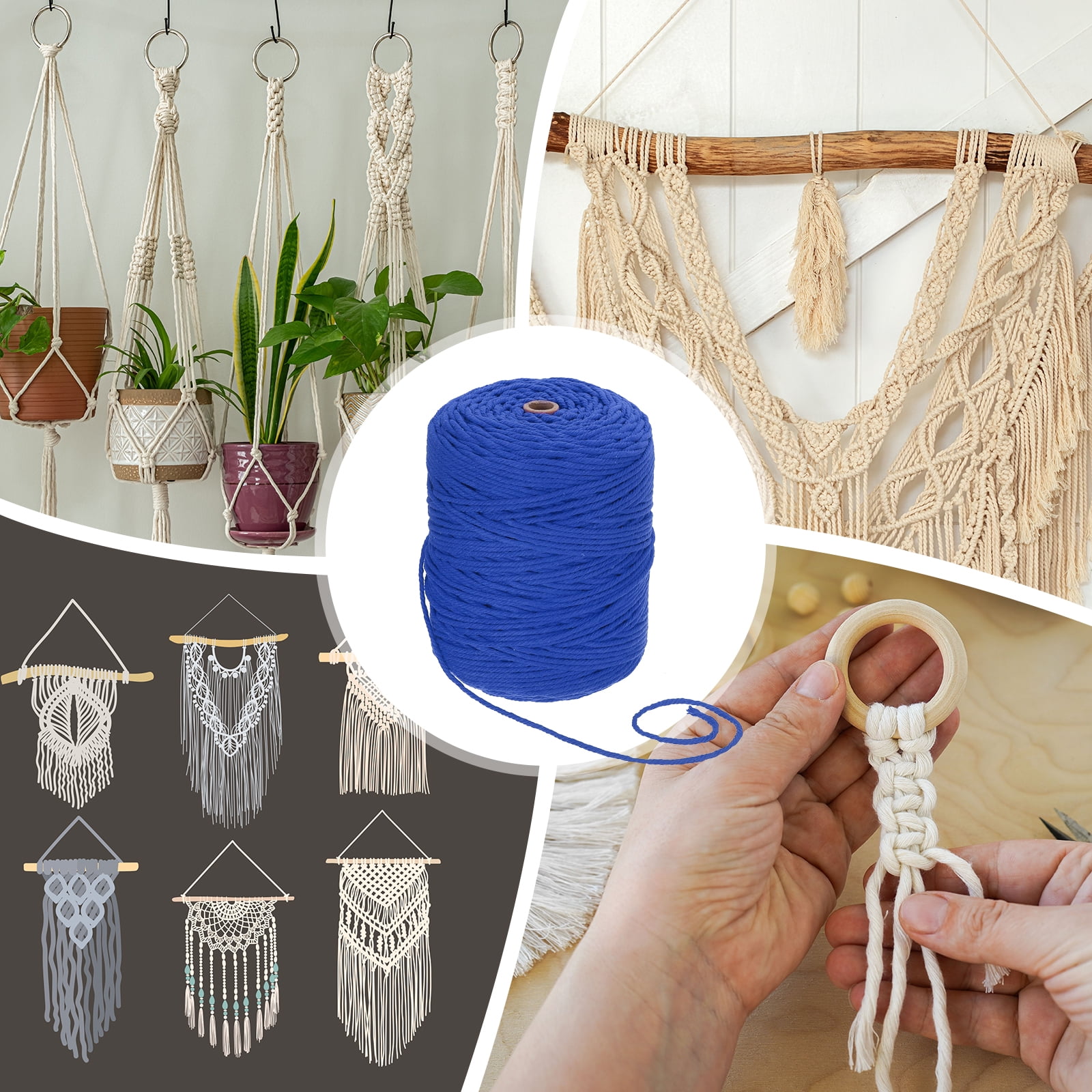 Uxcell Natural Macrame Cord 3mm x 328 Yards 4 Strand Twisted Cotton Macrame Rope for DIY Knitting Plant Wall Hanger Dreamcatcher, Sapphire Blue