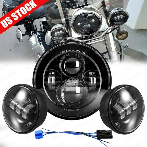 For Harley Motorcycle 7" LED Headlight Hi-Lo Beam 4.5" Fog Passing Lamp