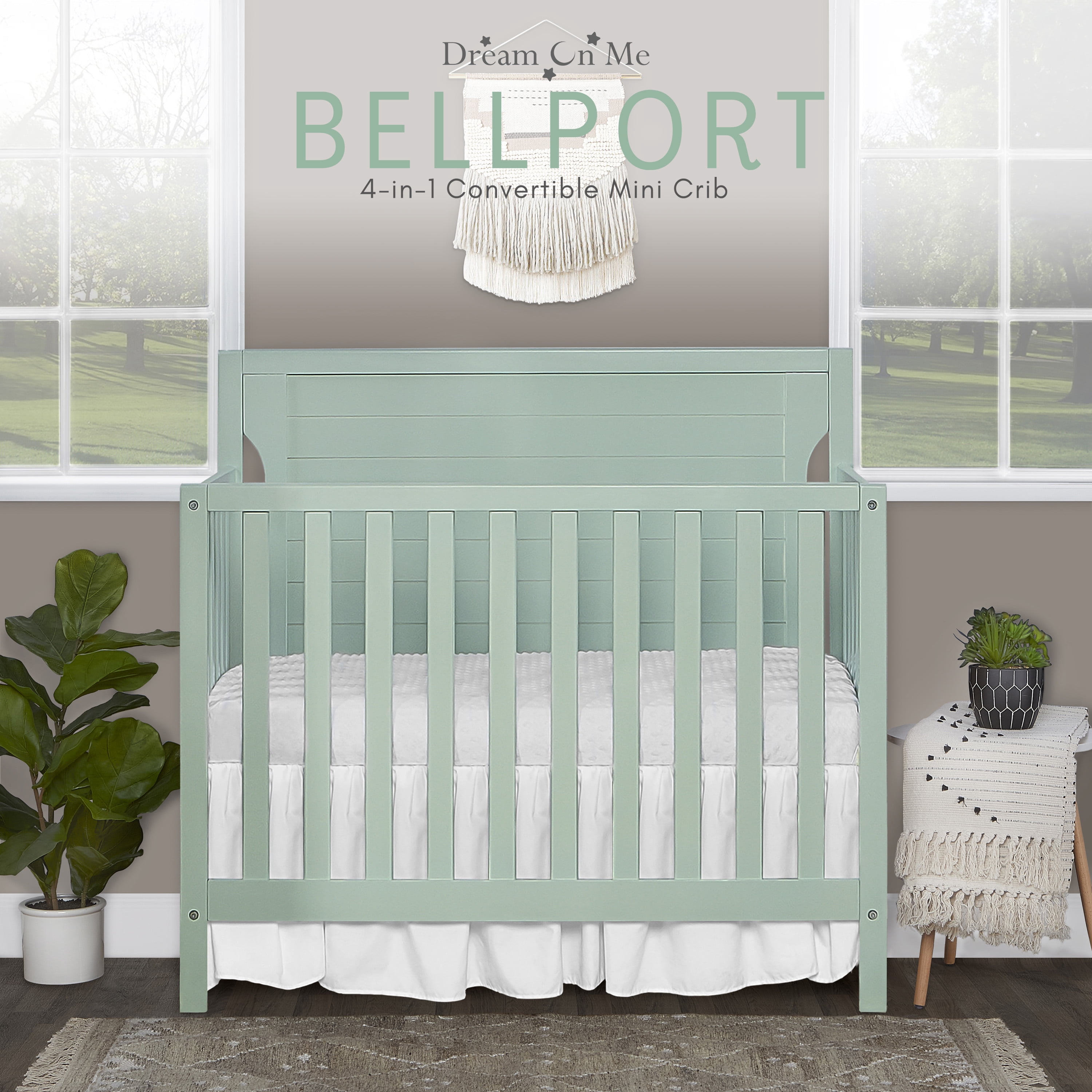 Dream On Me Bellport 4 in 1 Convertible Mini/Portable Crib in Light Seafoam Green, Non-Toxic Finish, Made of Sustainable New Zealand Pinewood, with 3 Mattress Height Settings