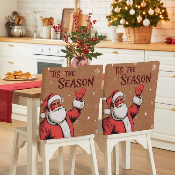 Christmas Black Santa Claus Chair Covers Set of 4 Xmas Winter Snowflake Snow Brown Chair Back Covers Stretch Removable Washable Slipcovers Protector for Dining Room Kitchen Party Decor
