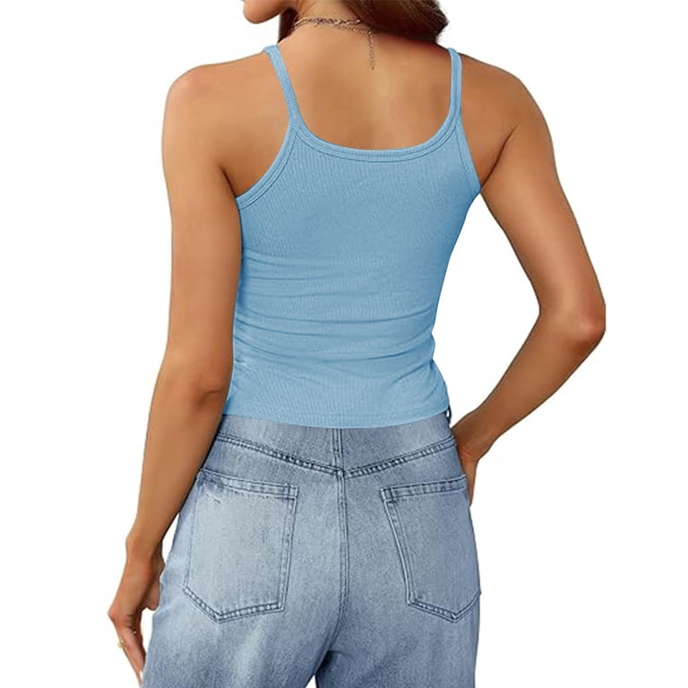 Rciityk Light Blue Tank Tops for Women Spaghetti Strap Crew Neck