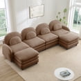 thumbnail image 3 of HUTWIFE 129.1" 4- Seater Teddy Velvet Sofa Camel Modular Couch with Two Ottoman, Curved Back & Lumbar Pillows, 3 of 9