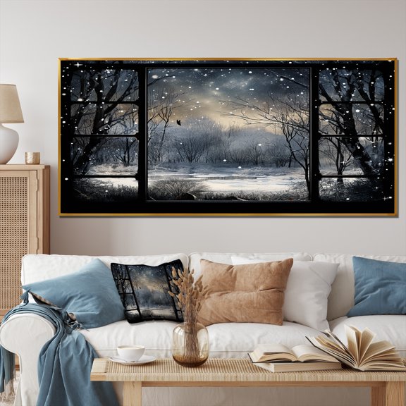 Designart "Midnight Gothic Window Winter's Tale I" Extra Large Landscapes Framed Wall Art - Traditional Grey Winter Landscape Hallway Framed Wall Art Decor
