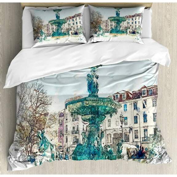 Travel Duvet Cover Set King Size, Watercolor Illustration of an Old Fountain in the Town Square in Lisbon, Decorative 3 Piece Bedding Set with 2 Pillow Shams, Multicolor, by Ambesonne