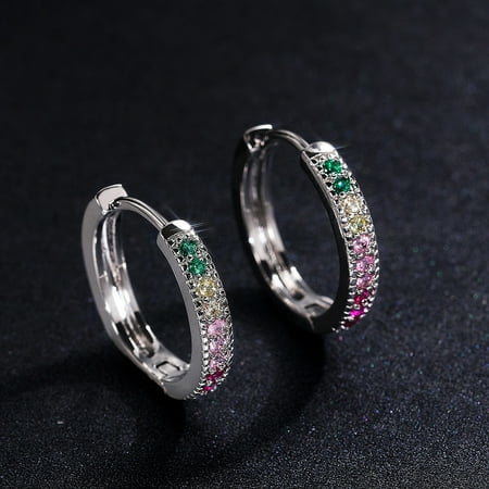 Color Sparkling Cubic Zircon Pink 100% Real 925 Sterling Silver Crystal Circle Earring For Women Making Jewelry