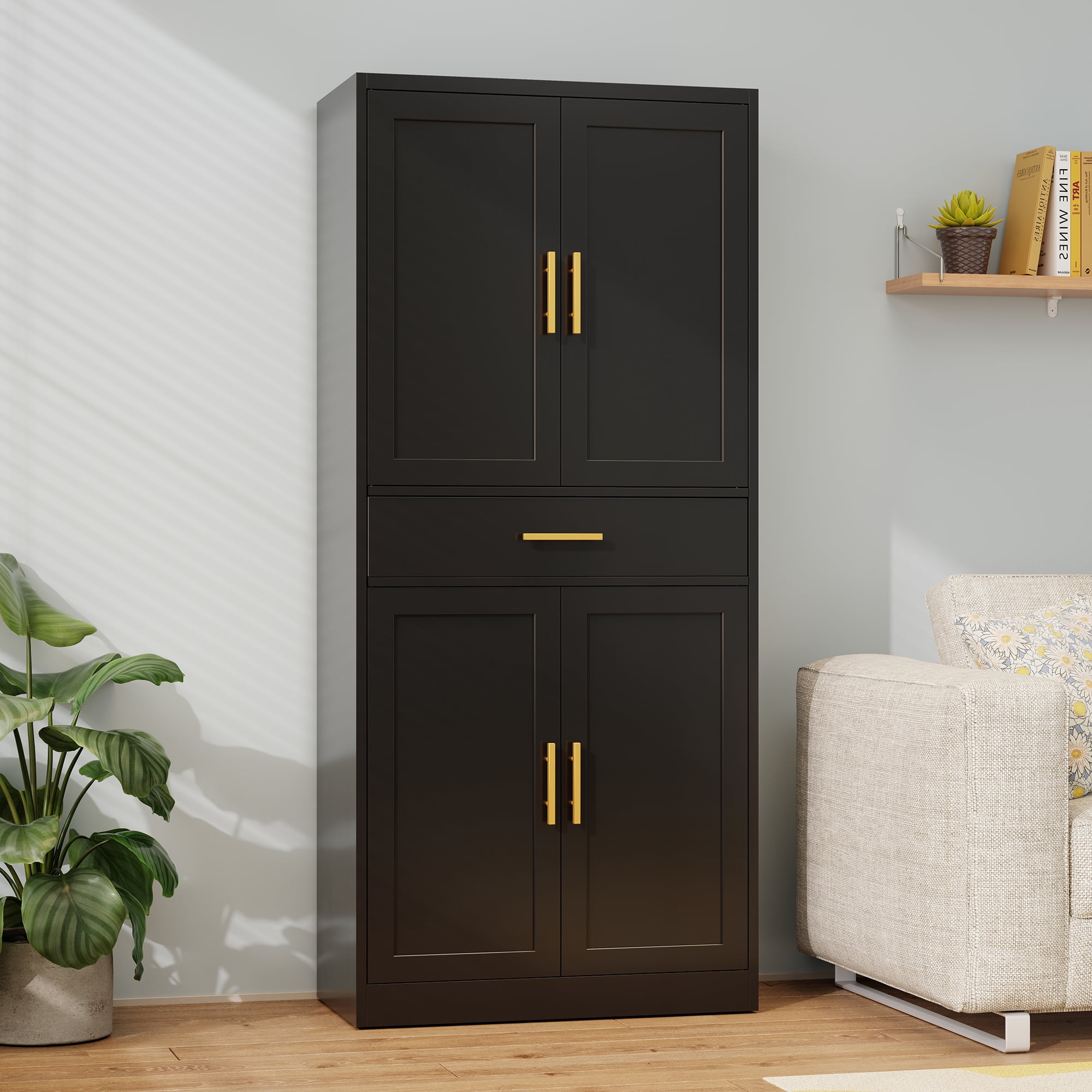Metal Kitchen Pantry Cabinet, 71"Tall Cabinet with 1 Drawer, Doors and 2 Adjustable Shelves, Pantry Cabinets for Kitchen Storage, Metal Storage Cabinet for Kitchen, Dining Room, Living Room- Black