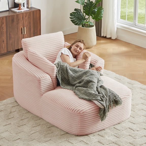 Kosynda 65"D Chaise Lounge Chair Indoor, Corduroy Boneless Sleeper Couch Reading Chair, No Assembly Required for Living Room, Office, Pink