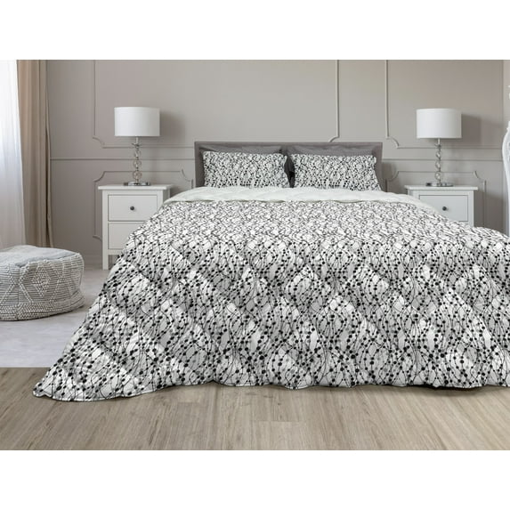 Geometric Comforter & Sham Bedding Set, Monochrome Lines with Dots Ornamental Design Vintage Eighties Inspirations, 3 pcs Duvet Set Microfiber Filling Quilt, 5 Sizes, Black Grey White, by Ambesonne