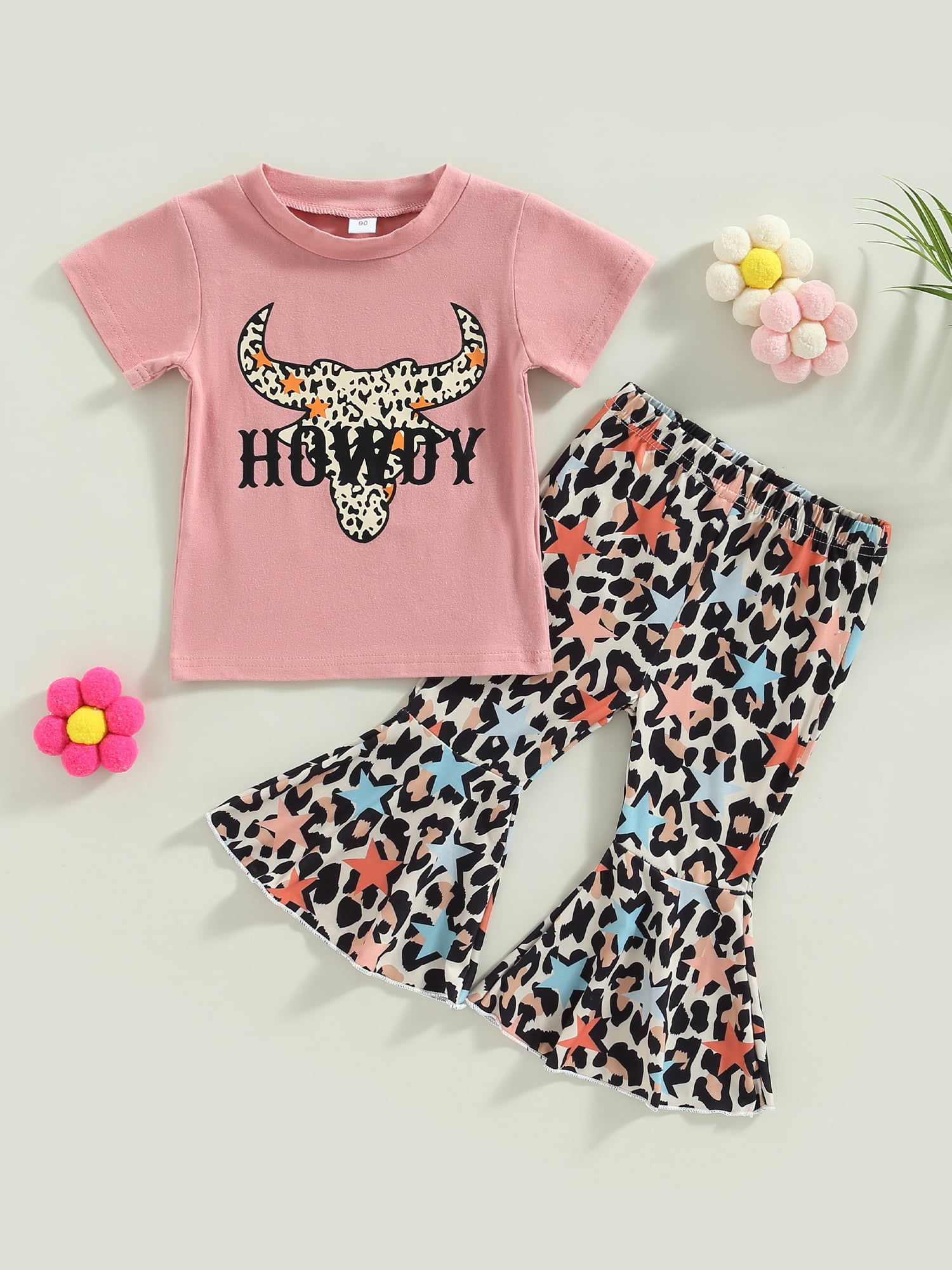 2pcs Kid Girl Leopard Print Tie Knot Short-sleeve Pink Tee and Elasticized Shorts Set