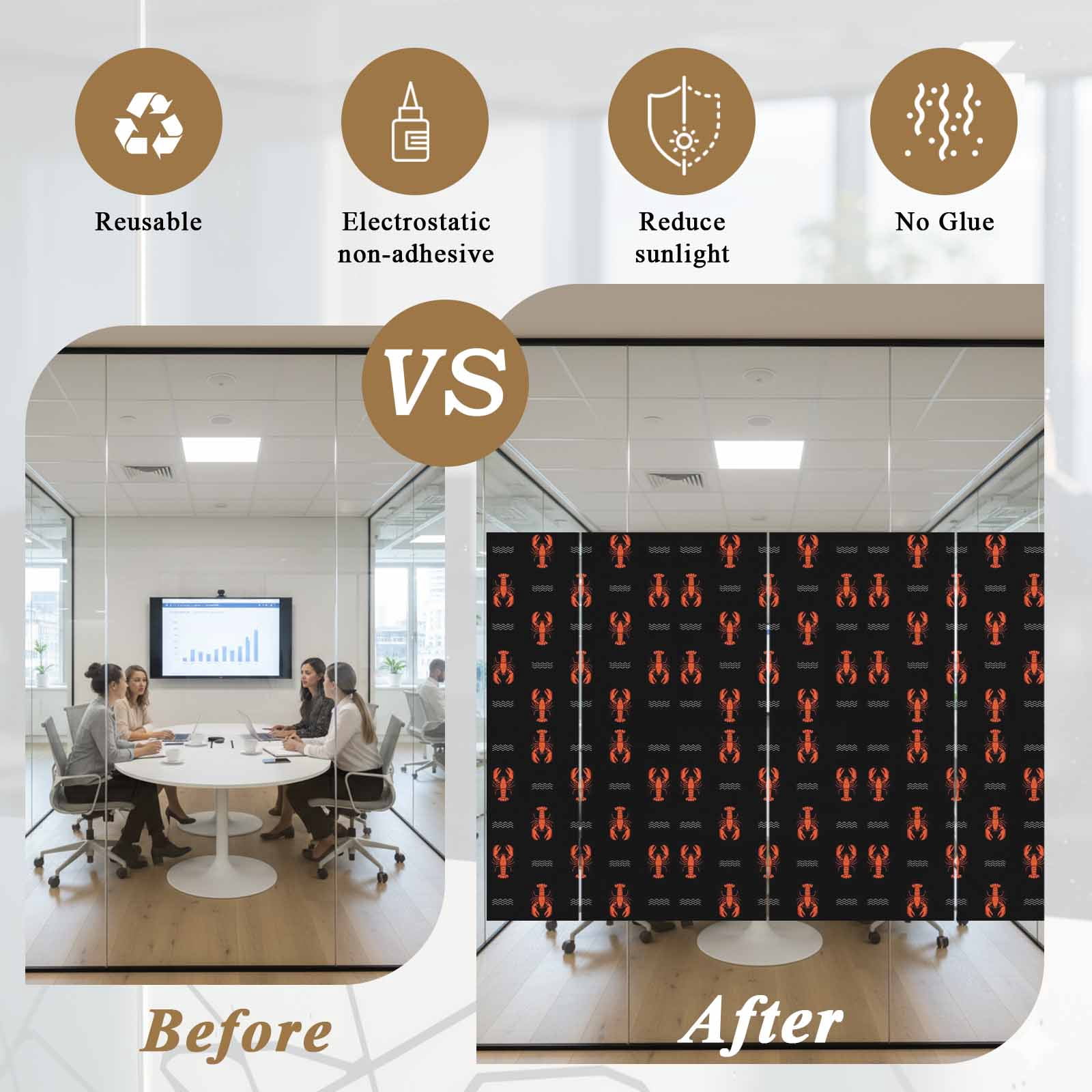 Marine Life Window Privacy Film, Red Lobster Ocean Wave Abstract Summer Black Frosted Glass Window Clings Static Cling UV Heat Blocking Reusable Door Sticker for Bathroom 23.6 x 59 Inch