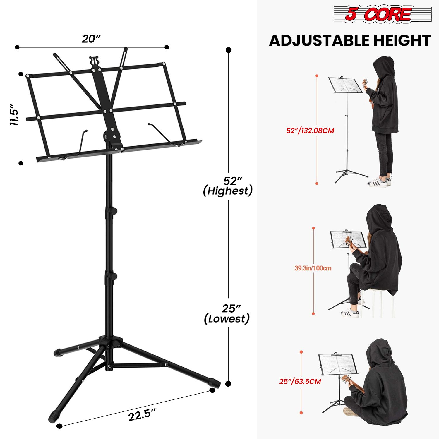 Music Stand For Sheet Music Professional Portable Adjustable Folding Music Note Holder Tripod Stands - BLK