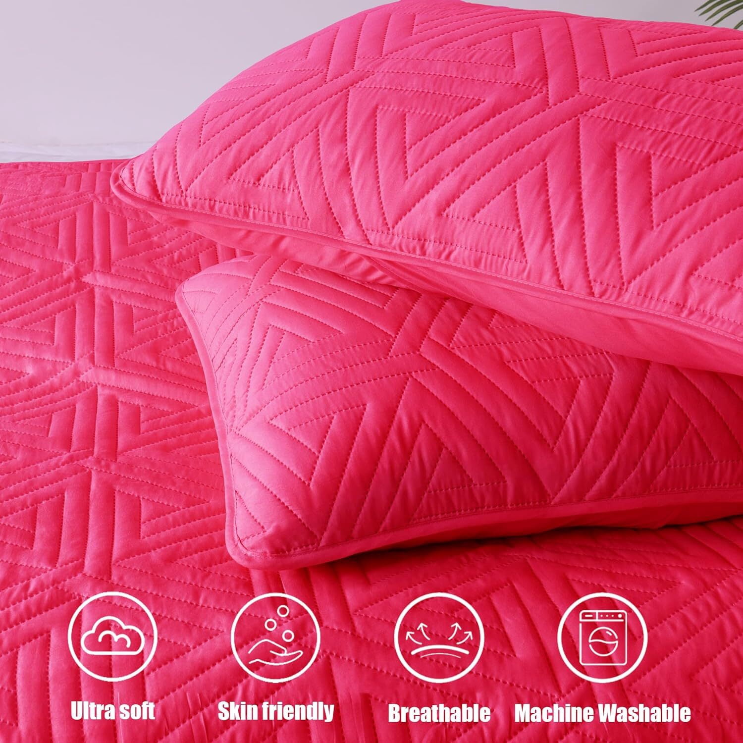 Whale Flotilla 3-Piece Queen Size Quilt Set for All Season, Classic Geometric Pattern Bedding Set with 2 Pillow Shams, Soft and Lightweight, Hot Pink