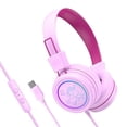 thumbnail image 1 of MEE audio KidJamz KJ55 Safe Listening USB-C Headphones for Children with Multicolor LED Lights, Volume Limiter, & Microphone; On-Ear Wired Kids Headset for iPhone 16, iPad, & USB Type C Devices (Pink), 1 of 5