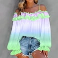 thumbnail image 3 of TKLPEHG Womens Dressy Tops Gradient Ruffle Off Shoulder Tops Casual Lantern Long Sleeve Trendy Blouses (Blue,M), 3 of 7