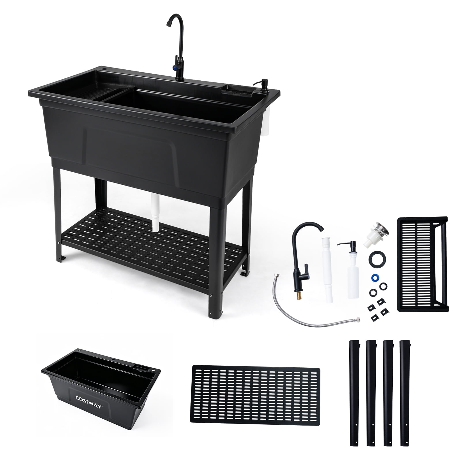 Costway 26.42 gal Utility Sink, Laundry Tub with Rotating Faucet, Storage Shelf, Drip Tray Black
