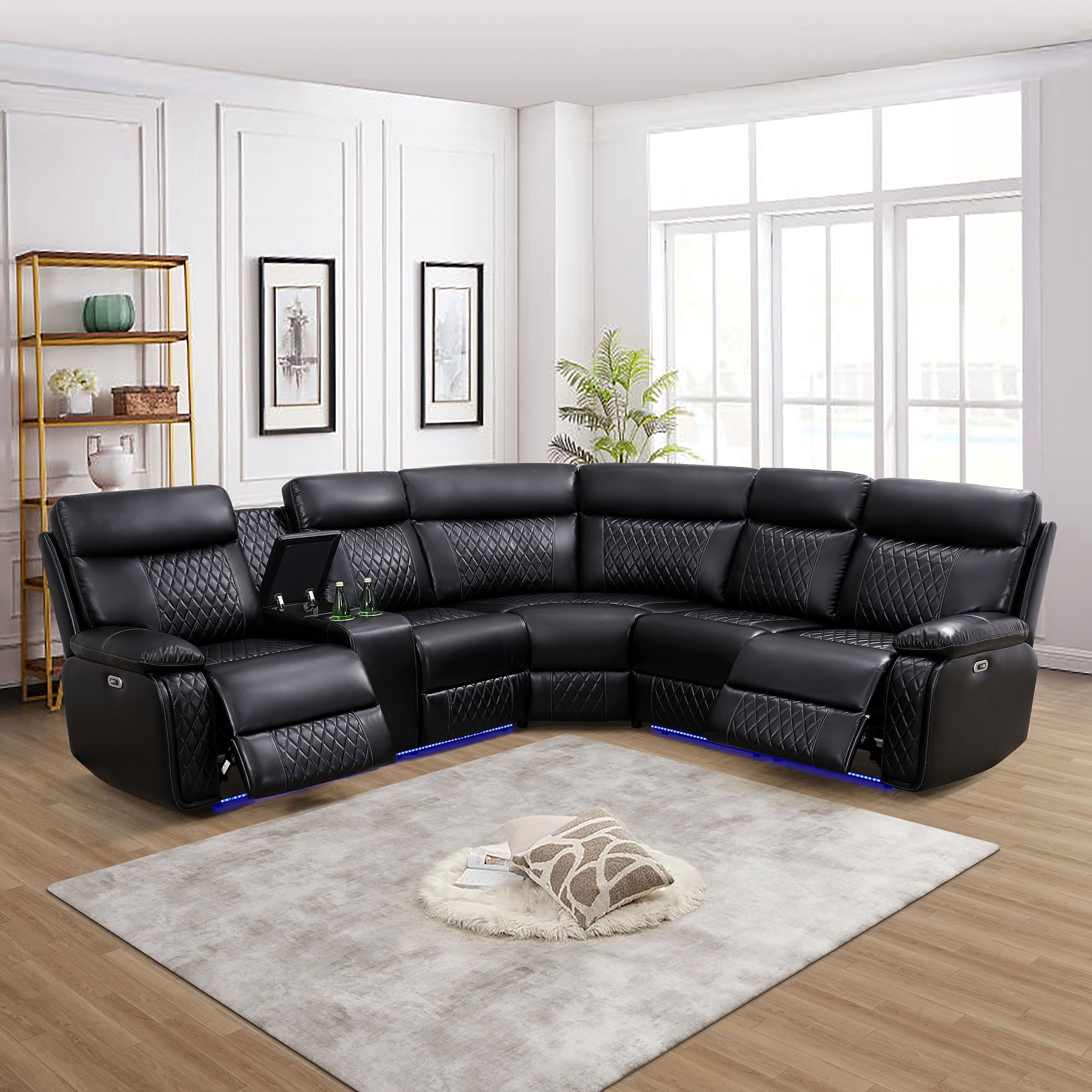 MAYEERTY Power Reclining L-Shaped Sectional Sofa, Home Theater Seating with USB & LED Lights