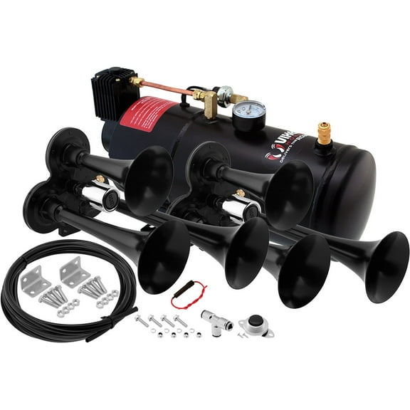 Vixen Horns Train Horn Kit for Trucks/Car/Semi. Complete Onboard System- 150psi Air Compressor, 1 Gallon Tank, 6 Trumpets. Super Loud dB. Fits Vehicles like Pickup/Jeep/RV/SUV 12v VXO8210/3311B2