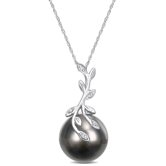 Everly Women's Black Tahitian Cultured Freshwater Pearl and Diamond Accent Leaf Pendant with Chain