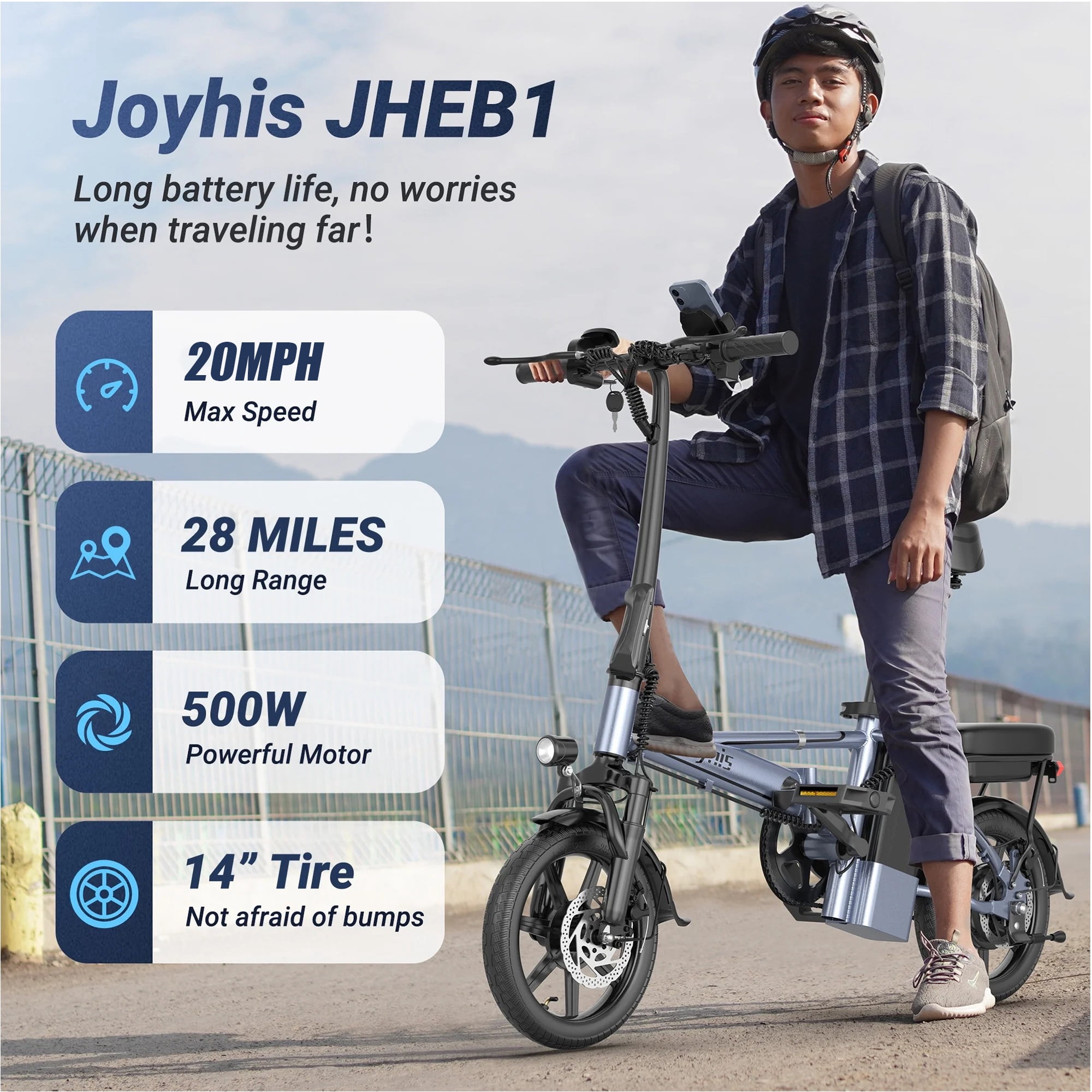 JOYHIS 14 Inch Foldable Electric Bike for Adults,500W Rear Wheel Drive Motor with 48V 10.4Ah Removable Lithium Battery--Recharge your phone in Phone Holder