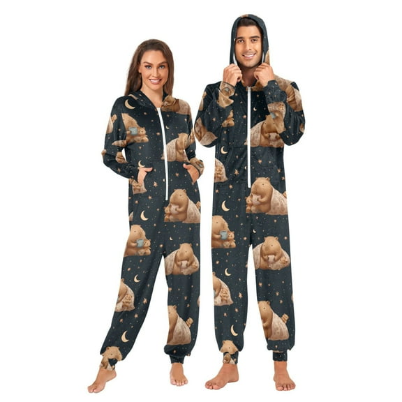 Adult Christmas Onesie Capybara Sleeping on Blanket Adult Zipper One-Piece Pajamas Unisex Pajamas with Pockets