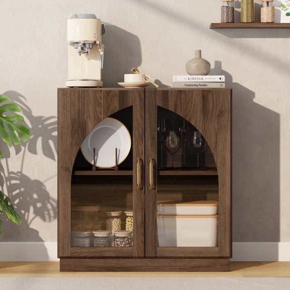 Aufeile Sideboard Buffet Cabinet with Arched Glass Doors, 30" Modern Accent China Cabinet with Adjustable Shelf for Dining Room, Entryway, Walnut