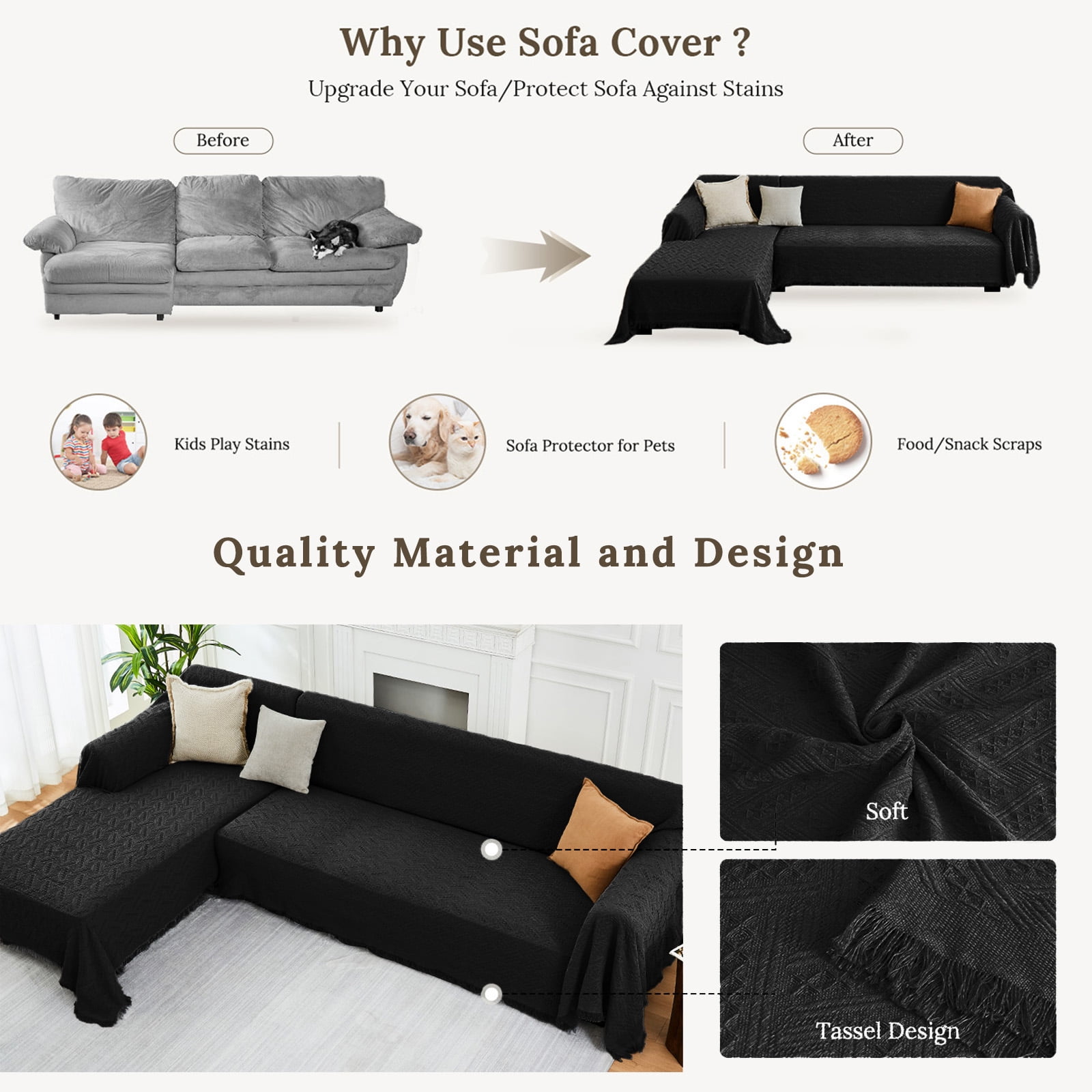Sanmadrola Couch Cover for 3 Cushion Couch Sofa Cover Sectional L-Shape Sofa Cover for Dog Sofa Slipcover Washable Reversible Sofa Protector 71''x118''+ 71''x 134'' Black 2 Piece