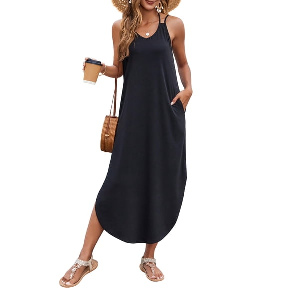 Zeagoo Summer Dresses for Women Casual Spaghetti Strap V Neck Sleeveless Dresses with Pocket