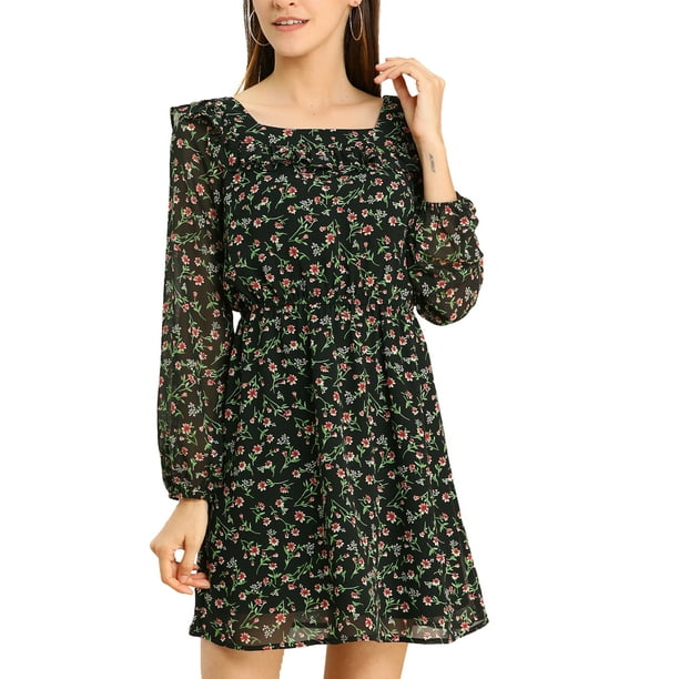 Allegra K Vestido Estampado Floral Cuello Ancho Cuadrado Con Volantes Por Encima De La Rodilla Para Mujer Negro XL Unique Bargains ajustado