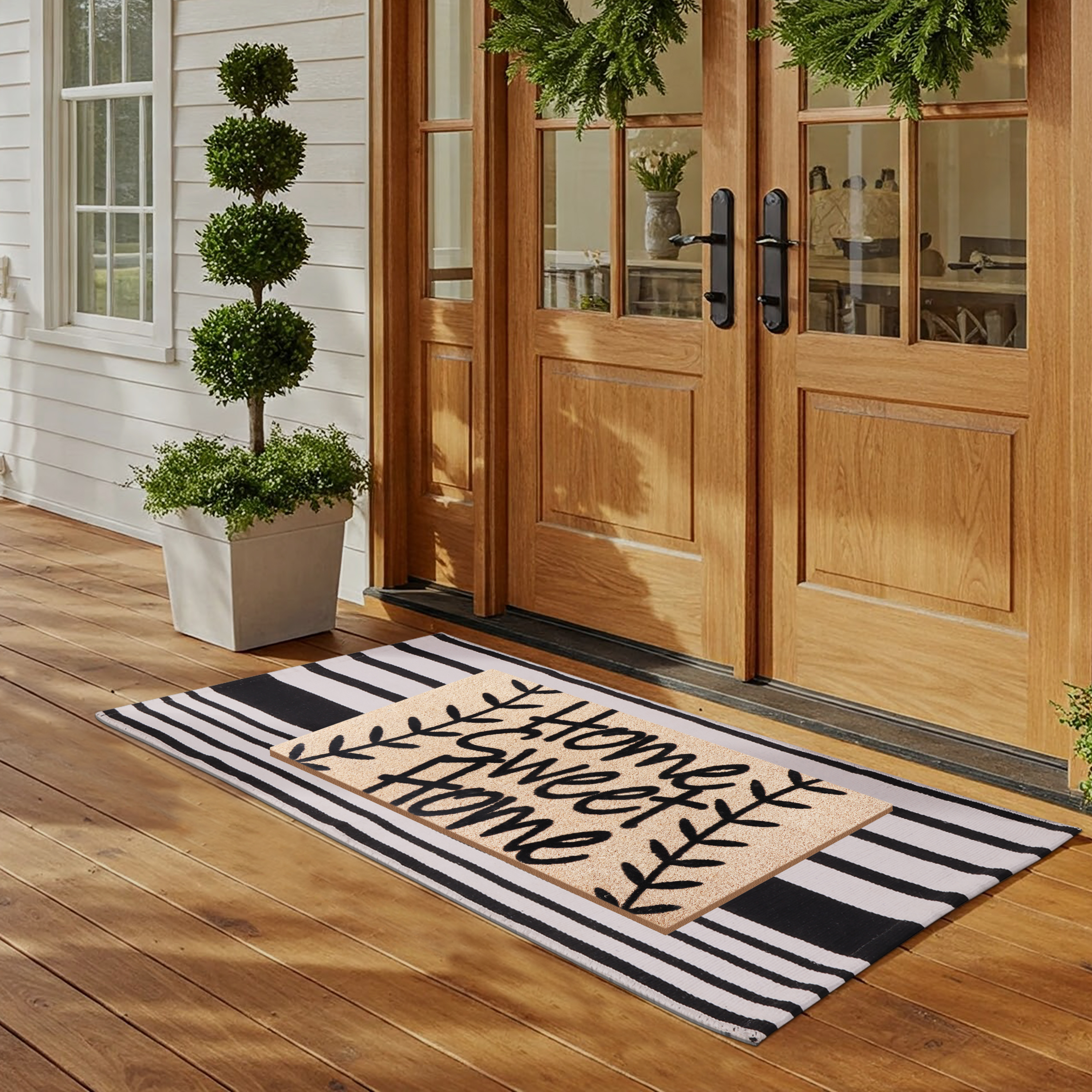 A1HC Coir Welcome Mat and Black & White Striped Cotton Rug Combo Set, 24"x36" & 24"x51", Hand-Woven Washable Entryway Décor