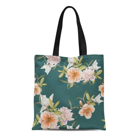 NUDECOR Canvas Tote Bag Watercolor Pattern Floral Lily Peony Iris Green Flower Bloom Durable Reusable Shopping Shoulder Grocery Bag