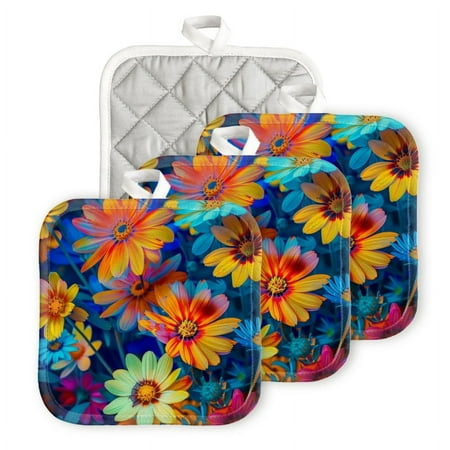 

Bahomeck Pot Holder 4Pcs Colorful Daisies In The Style Square Heat Resistant Hot Pads For Kitchen Cooking Oven With Hanging Loop Potholder Easy To Store
