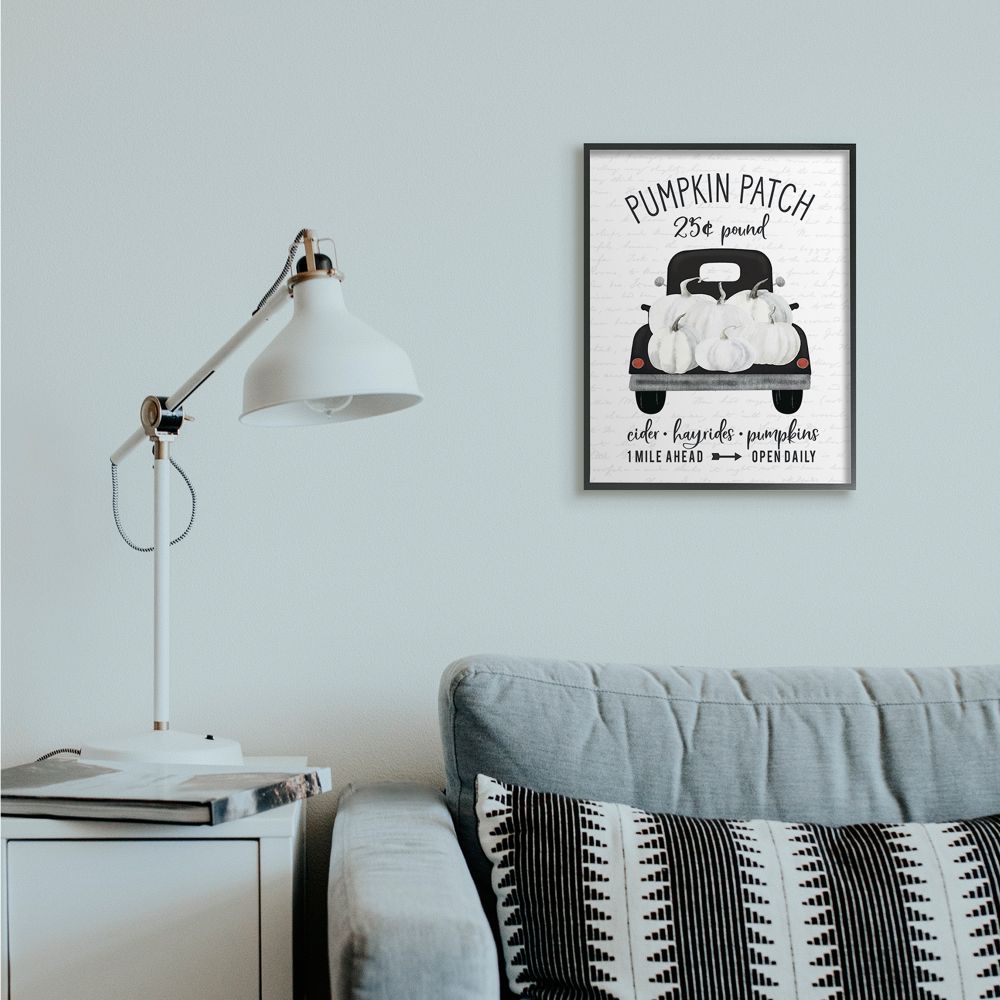 Stupell Industries Pumpkin Patch Farm Truck Sign Country Autumn Harvest Framed Wall Art Design by Lettered and Lined, 16" x 20", Black Framed