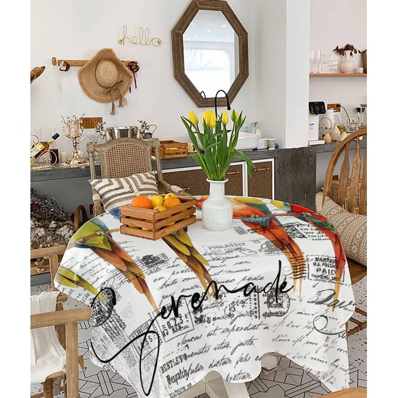 Colorful Birds Tablecloth Square Table Cloth 54x54, Waterproof Tablecloth Outdoor Table Cloth, Vintage Rustic Envelope Postmark Washable Table Cover for Kitchen Dining Party