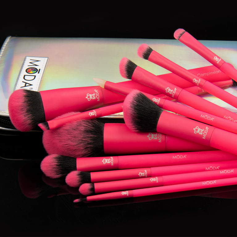 Moda Brush Totally Electric Neon Pink Full Face 13pc Makeup Brush Set,  Includes Complexion, Highlight & Glow, and Crease Makeup Brushes
