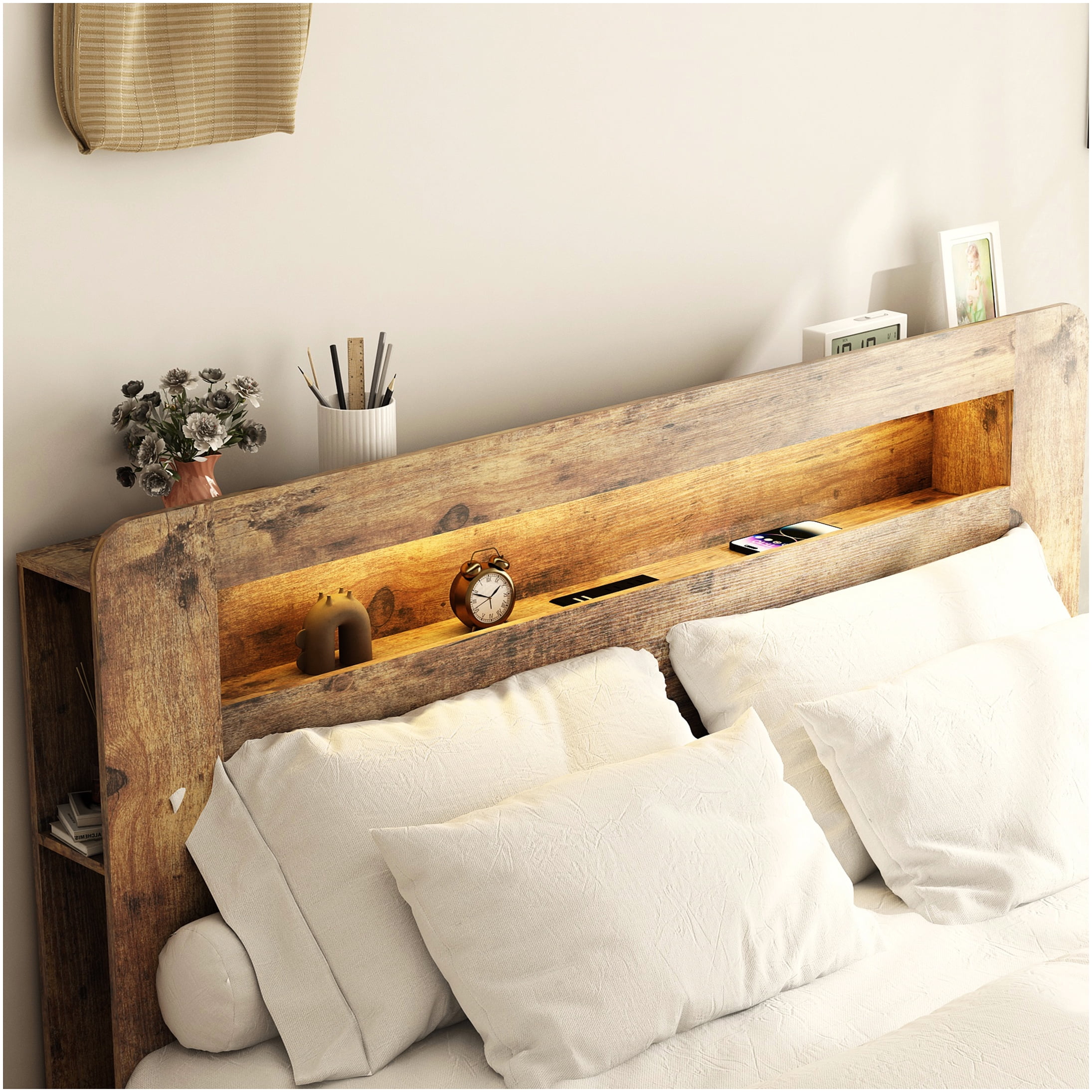 King Size Bed Frame with Storage Headboard, USB Charging Ports, LED Mood Lighting, No Box Spring Needed