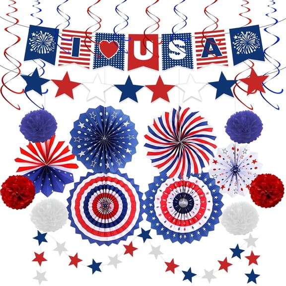4th/Fourth of July Patriotic Decorations Set - Red White Blue Paper Fans,USA Flag Pennant,Star Streamer,Pom Poms,Hanging Swirls Party Decor Supplies