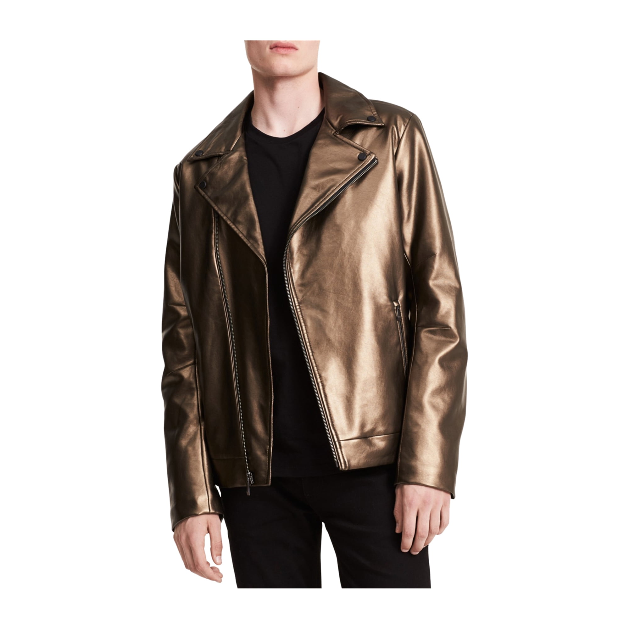 Calvin Klein Mens Faux Leather Asymmetrical Motorcycle Vest Metal 2xl