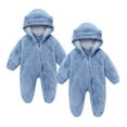 thumbnail image 2 of Riecok Winter Baby Clothes Fleece Thick Jumpsuit Cute Bear Ears Hooded Solid Footed Sleepers Infant Onesies Blue 3 Months, 2 of 8