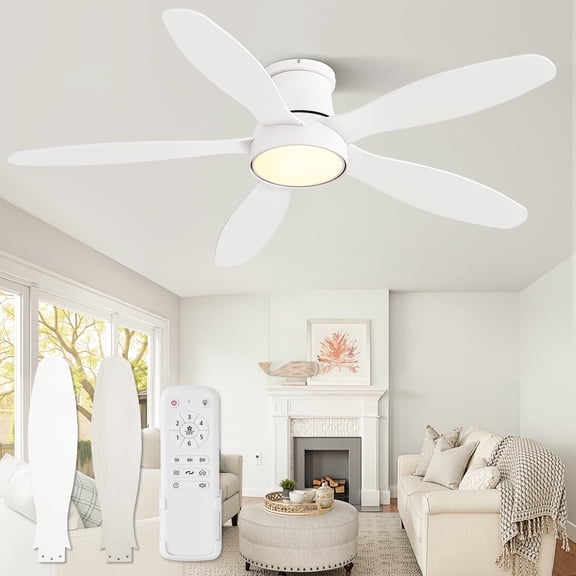Zardon 52in Ceiling Fans with Light and Remote Control, Reversible , Flush Mount Ceiling Fans with 6 Speeds, for Indoor, Outdoor, White