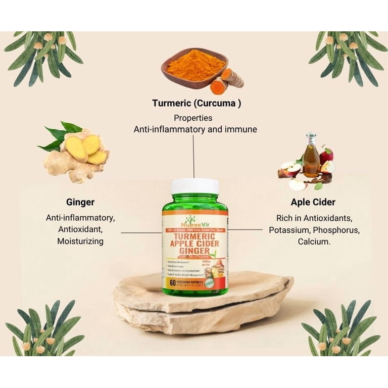 Nutreevit Turmeric Apple Cider Vinegar Supplement with Ginger and  Bioperine, Joint Support, 120 Count - Walmart.com
